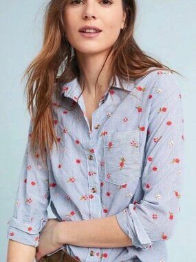 ANTHROPOLOGIE | Maeve blue white striped button-up shirt w/ embroidered flowers
